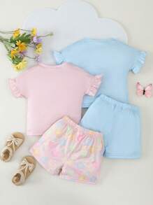 Baby Girl Floral Printed Short Sleeve T-Shirt And Shorts Set With Slogan, Spring/Summer - Multicolor - View 2