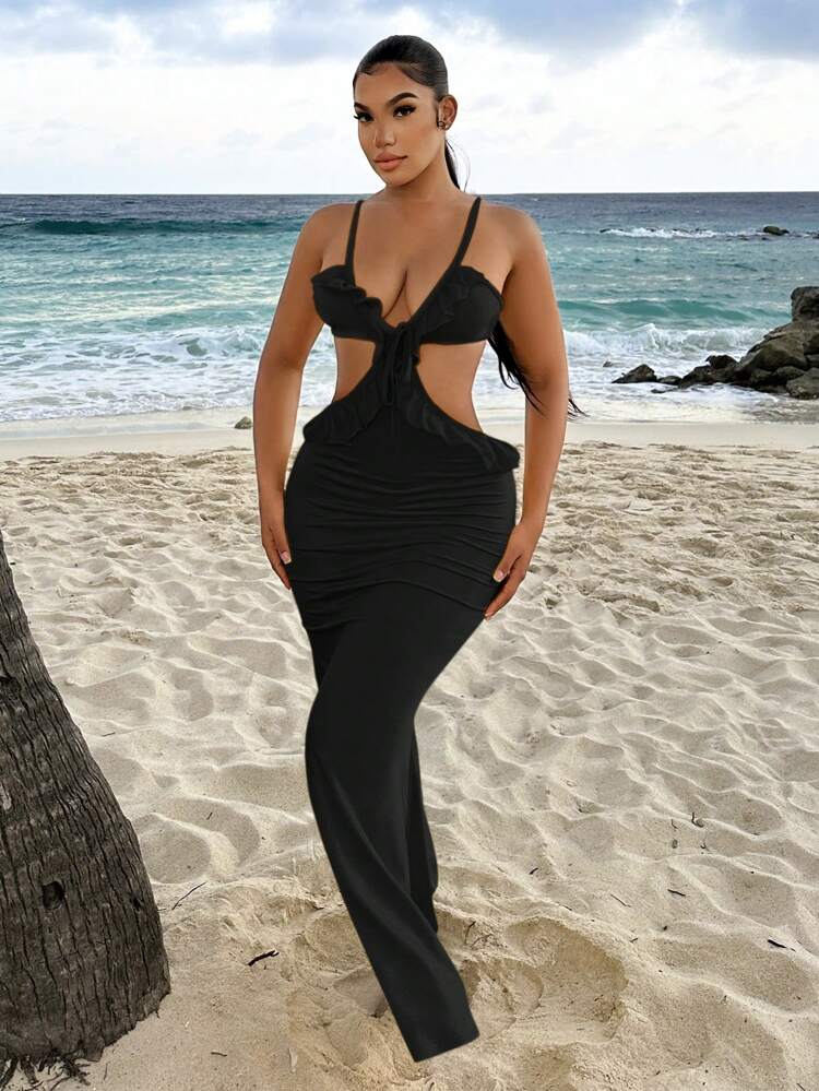 Women's Sexy Ruffle Trim Halter Hollow Out Dress For Vacation