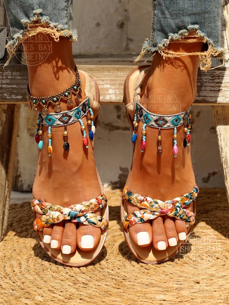 Bohemian Style Beaded Flat Sandals Suitable For Outside Wearing Valentines,Beach Outfits,Summer Outfits - Beige - View 1