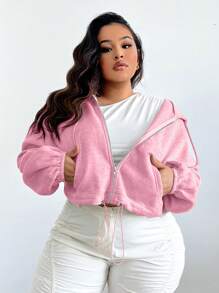 SHEIN SXY Áo nỉ cỡ lớn, màu trơn, có khóa kéo phía trước và dây rút ở gấu áo. - Hồng - Xem 3