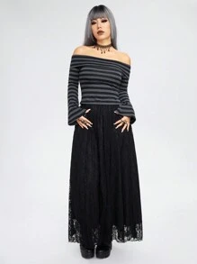 ROMWE Goth 女士纯色蕾丝长款优雅半身裙 - 黑色 - 查看 6