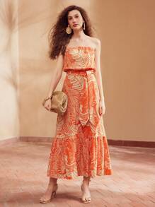 MOTF PREMIUM 熱帶花卉印花荷葉邊腰帶筒裙 - 彩色 - 查看 2