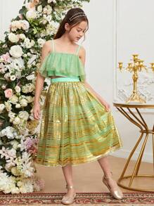 SHEIN Elegantes Und Wunderschönes Goldenes Gemustertes Tank Top Aus Mesh Und Flauschigem Rock Set Für Mädchen Im Tween Alter - Grün - Übersicht 4