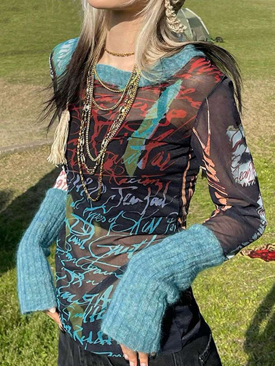 Letter Patchwork Fabric Long Sleeve T-Shirt - Blue - View 1