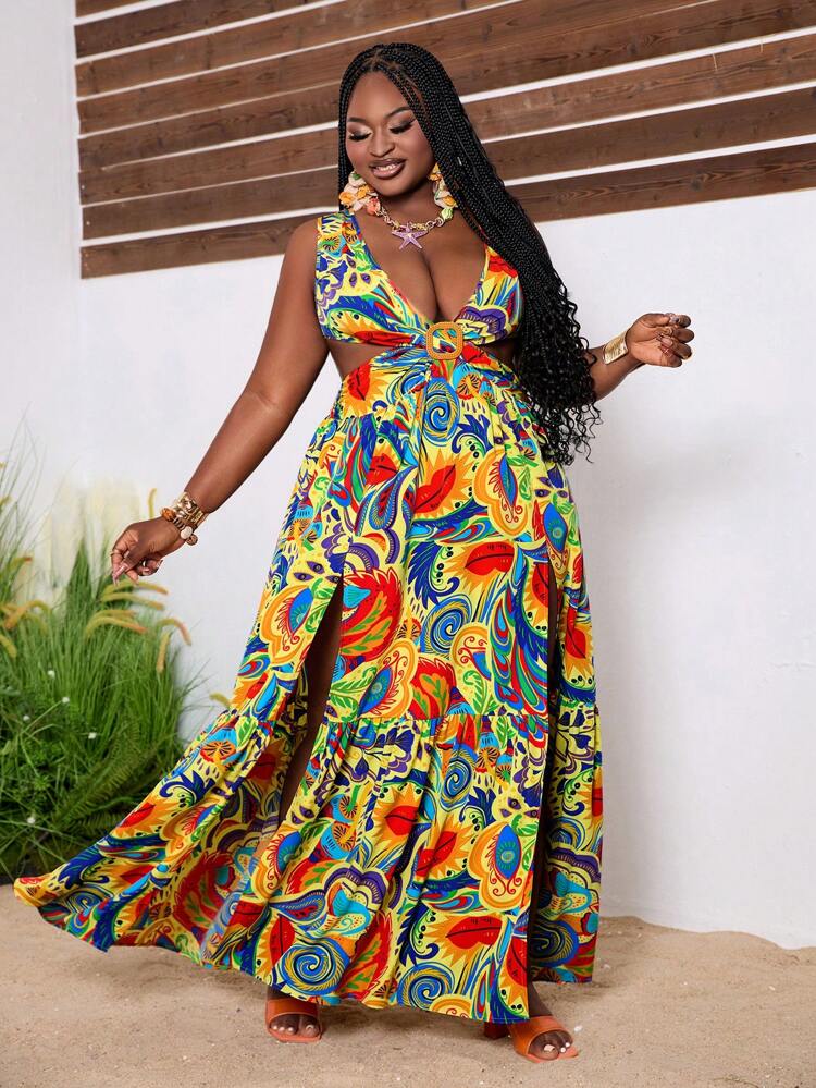 Plus Size Hollow Out Printed Slit Sleeveless Dress For Vacation