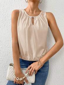 EMERY ROSE Solid Color High Neck Pleated Sleeveless Top - Apricot - View 1