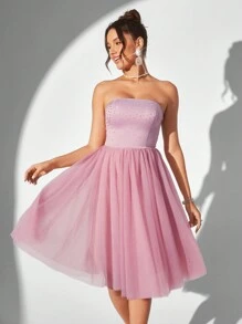 SHEIN Belle Elegant Strapless Mesh & Rhinestone Patchwork A-Line Cocktail Party Dress - Dusty Pink - View 2