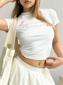 INAWLY 字母印花蝴蝶结装饰短袖 T 恤小胸大爱心图案 T 恤女式上衣 - 白色 - 查看 4