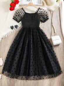 SHEIN Teen Girl Polka Dot Mesh A-Line Dress With Ruffle Hem And Puff Sleeves - Black - View 2