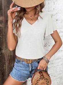 SHEIN Frenchy V領純色鈴蘭袖短袖t恤 - 白色 - 查看 3