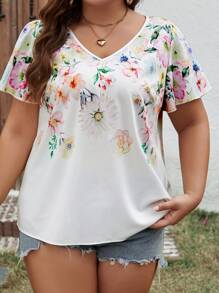 SHEIN LUNE Plus Size Floral Print V-Neck Blouse - Multicolor - View 5