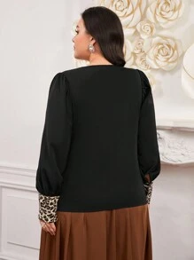 Modelyn Plus Size Leopard Print Patchwork Lantern Sleeve Shirt