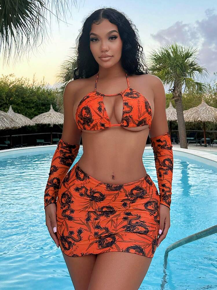 Women's Random Print Halter Neck Bikini Set 4pcs Summer