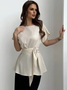 Aloruh Round Collar & Waist Belted & X Shaped & Simple & Commuting Women's Shirt - Apricot - View 4