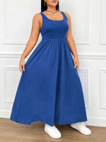 SHEIN EZwear Kích thước lớn Màu thuần Vòng cổ Không tay Eo-thắt chặt Váy chữ A - Xanh đậm - Xem 4