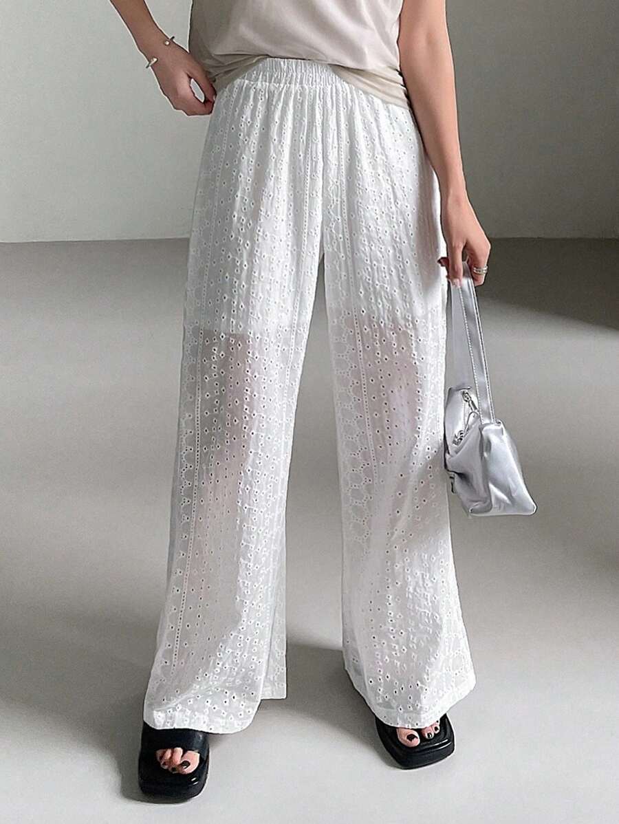 FRIFUL Ladies' Casual Solid Color Eyelet Embroidery Long Pants, Suitable For Summer - Apricot - View 1