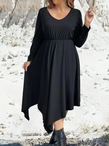 SHEIN LUNE Plus Size Women's Asymmetrical Hem Long Sleeve Dress - Black - View 4