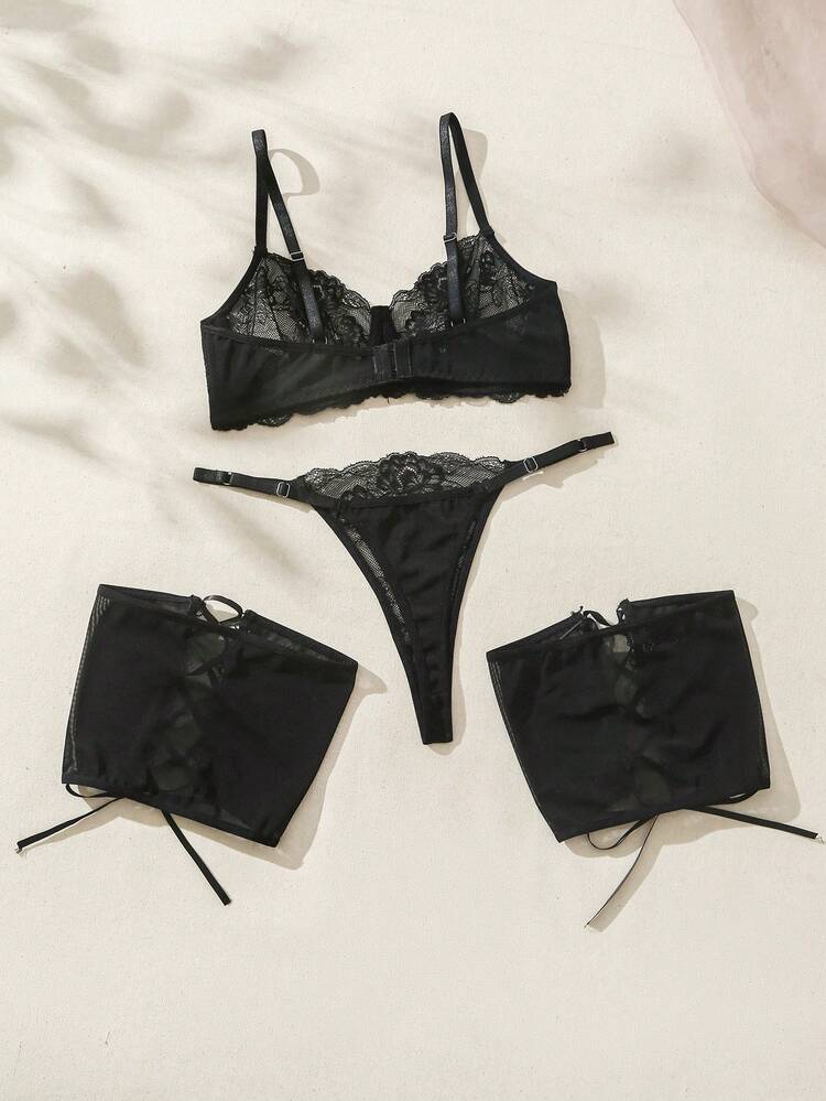 Women Black Elastic Plain Lace Up Contrast Mesh Criss Cross Sexy Lingerie Set Classic Style
