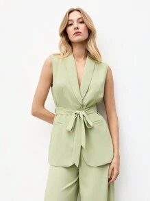 BizChic Conjunto de chaleco y pantalón ancho de mujer de color verde claro sólido con cuello de chal y cinturón, para otoño/invierno - Verde - Ver 5