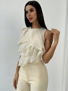 Aloruh Sleeveless Multi-Layer Ruffle Design Women Blouse For Wedding Season