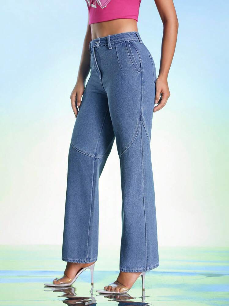 BARBARA DOMINGUES Jeans rectos de cintura alta de diseñador para mujer con diseño de parches, ideales para otoño, invierno, vacaciones y festividades - Celeste - Añade 4