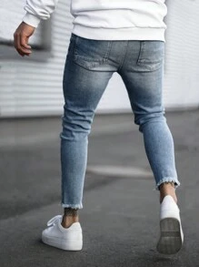 男式做旧下摆修身牛仔七分裤