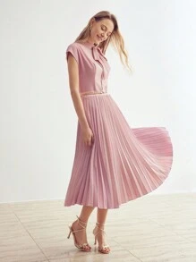 MOTF PREMIUM SOLID BOW MOCK NECK PLEATED HEM DRESS,SUMMER OUTFITS