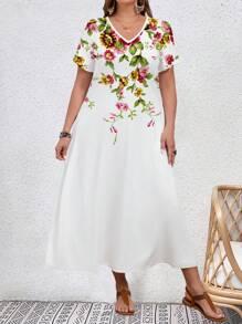 EMERY ROSE Đầm Midi tay ngắn in hoa cỡ lớn cho nữ, dáng ôm vừa vặn - trắng - Xem 1