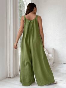 SHEIN Holidaya Kích thước lớn Của phụ nữ Màu thuần Không tay quần ống rộng Giải trí Áo liền quần Có Dây treo - màu xanh lá - Xem 3