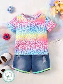 Baby Girl Leopard Print & Gradient Color Top With Distressed Denim Shorts 2pcs/Set, Spring/Summer - Multicolor - View 3
