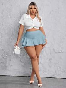 SHEIN SXY 大尺寸純色荷葉邊迷你裙短褲