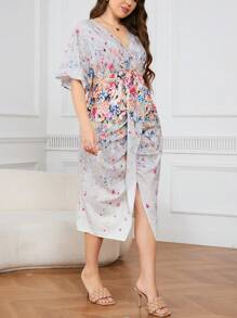 SHEIN Clasi 大尺碼花卉印花V領高分裙 - 米色 - 查看 6