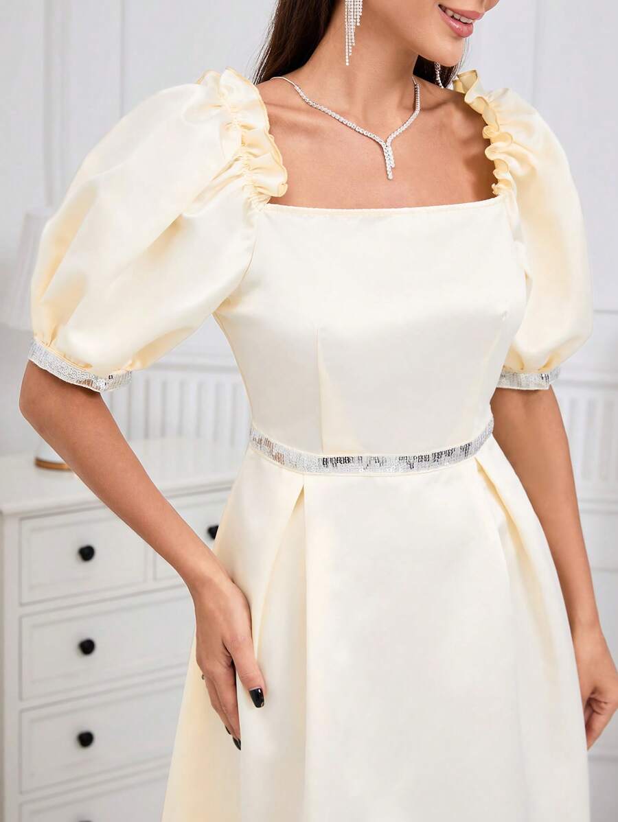 Modelyn Đầm dạ hội dài tay phồng cổ vuông thắt lưng sequin chắp vá cho nữ - Màu Khaki - Xem 1