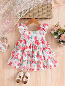 SHEIN Mehrschichtiges Baby Mädchenkleid mit Blumen- und Druckmuster im Casual-, Elegant- und Vintage-Stil mit Schleifenknoten als Dekoration. Geeignet für Aktivitäten im Freien im Frühling und Sommer.