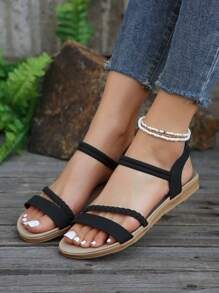 女性扁平涼鞋,2024新款大尺碼仙女風沙灘鞋,輕盈舒適 - 黑色 - 查看 5