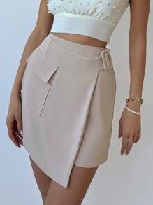 Firerie Elegante asymmetrische zoomrok met zakdecoratie en gesp, geschikt voor kantoor, woon-werkverkeer, daten en vakantie