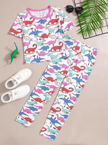 SHEIN Bộ đồ mặc nhà dệt kim tay ngắn cổ tròn in họa tiết khủng long cho bé gái tuổi mới lớn - Màu xanh nhạt - Xem 1