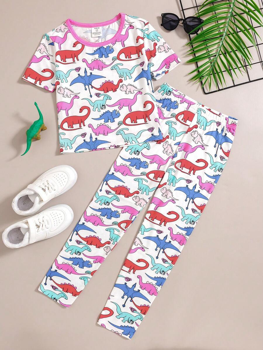 SHEIN Bộ đồ mặc nhà dệt kim tay ngắn cổ tròn in họa tiết khủng long cho bé gái tuổi mới lớn - Màu xanh nhạt - Xem 1