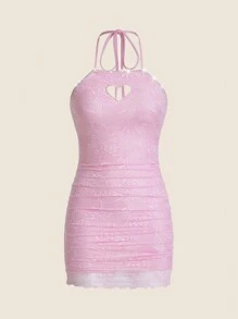 Sweetina Y2k Summer Pink Slim Fit Heart-Shaped Hollow Out, Rhinestone Trim, Lace Fabric Halter Neck Dress,Spring Outfits,Concert Outfits,Prom Dress