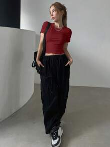 DAZY Solid Slim Fit Round Neck Short Sleeve T-Shirt - Burgundy - View 5