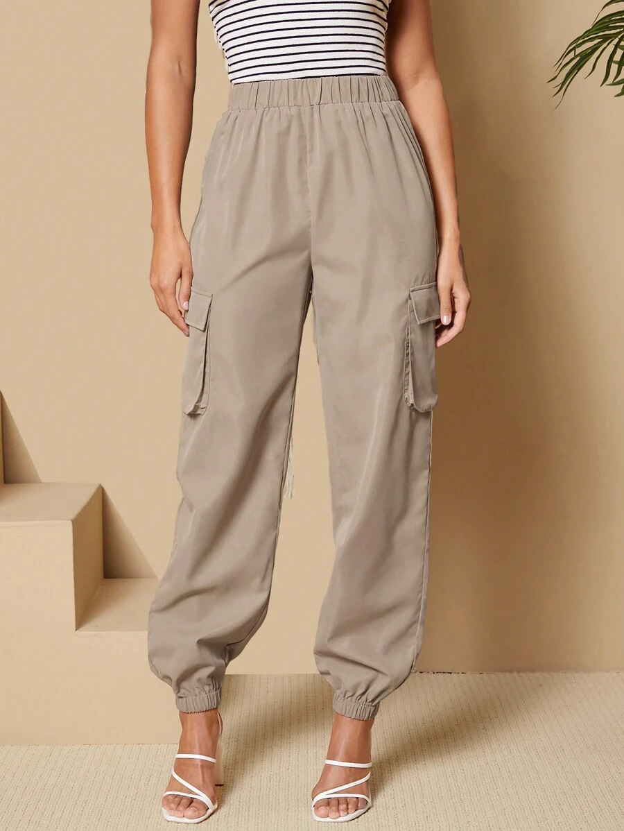SHEIN Tall Quần nữ lưng thun co giãn - Màu Khaki - Xem 1