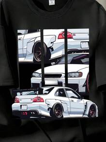 SHEIN 白色汽车跑车青少年男孩休闲短袖圆领 T 恤，棉混纺，适合夏季 - 黑色 - 查看 3