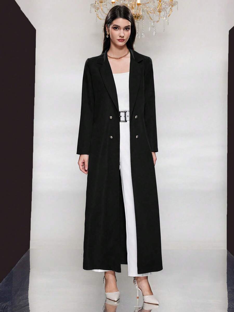 Al Najma Women's Solid Color Double Breasted Trench Coat With Lapel Collar, Muslim Fashion Abaya For Casual/Festival/Gathering/Travel - Black - View 1