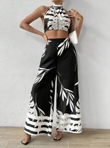 SHEIN VCAY Women's Fashionable Black & White Color Block Print Halter Neck Two Pieces Set For Summer - Black - View 4