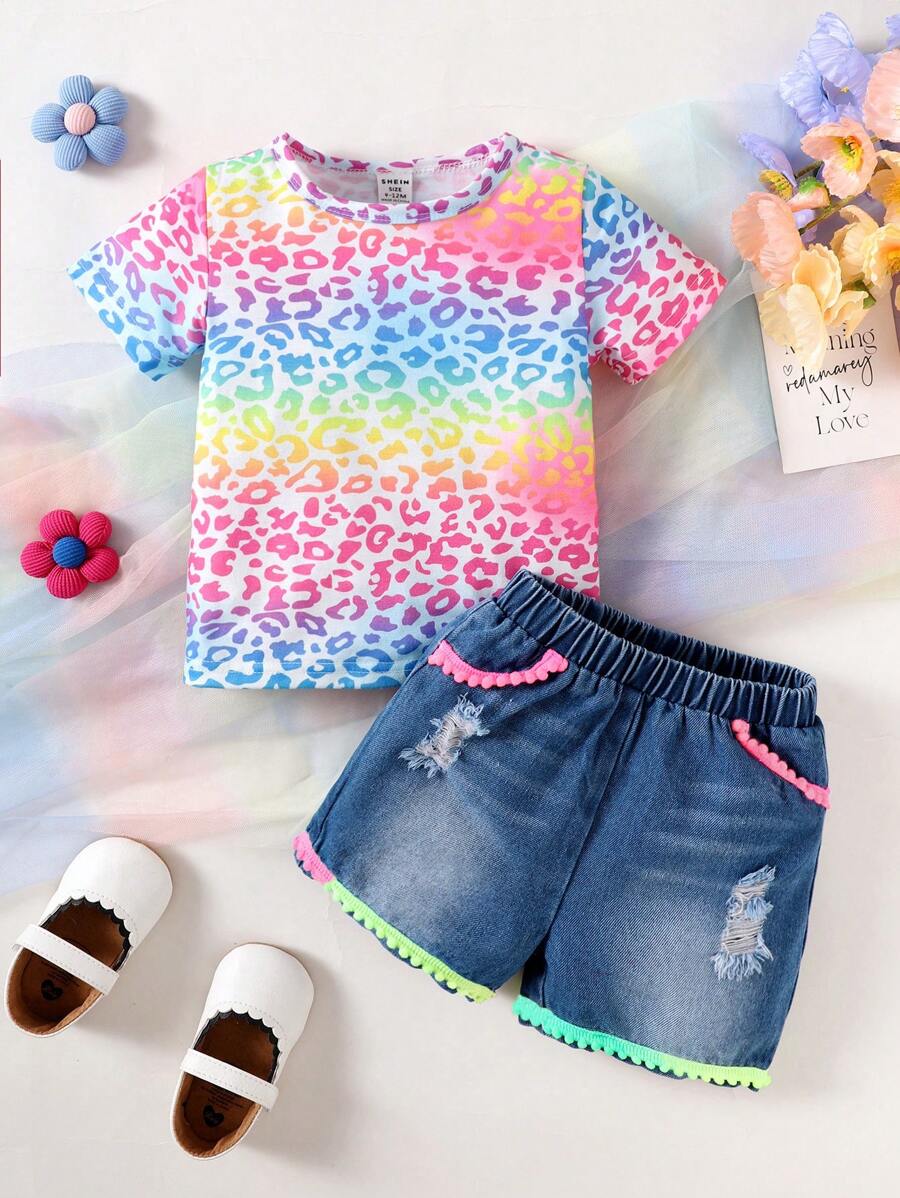 Baby Girl Leopard Print & Gradient Color Top With Distressed Denim Shorts 2pcs/Set, Spring/Summer - Multicolor - View 1