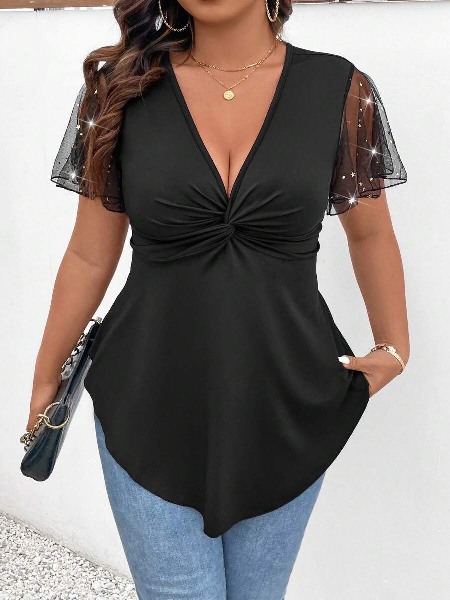 Celure Áo thun cổ chữ V sâu tương phản lưới kim tuyến cỡ lớn phía trước xoắn - màu đen - Xem 1