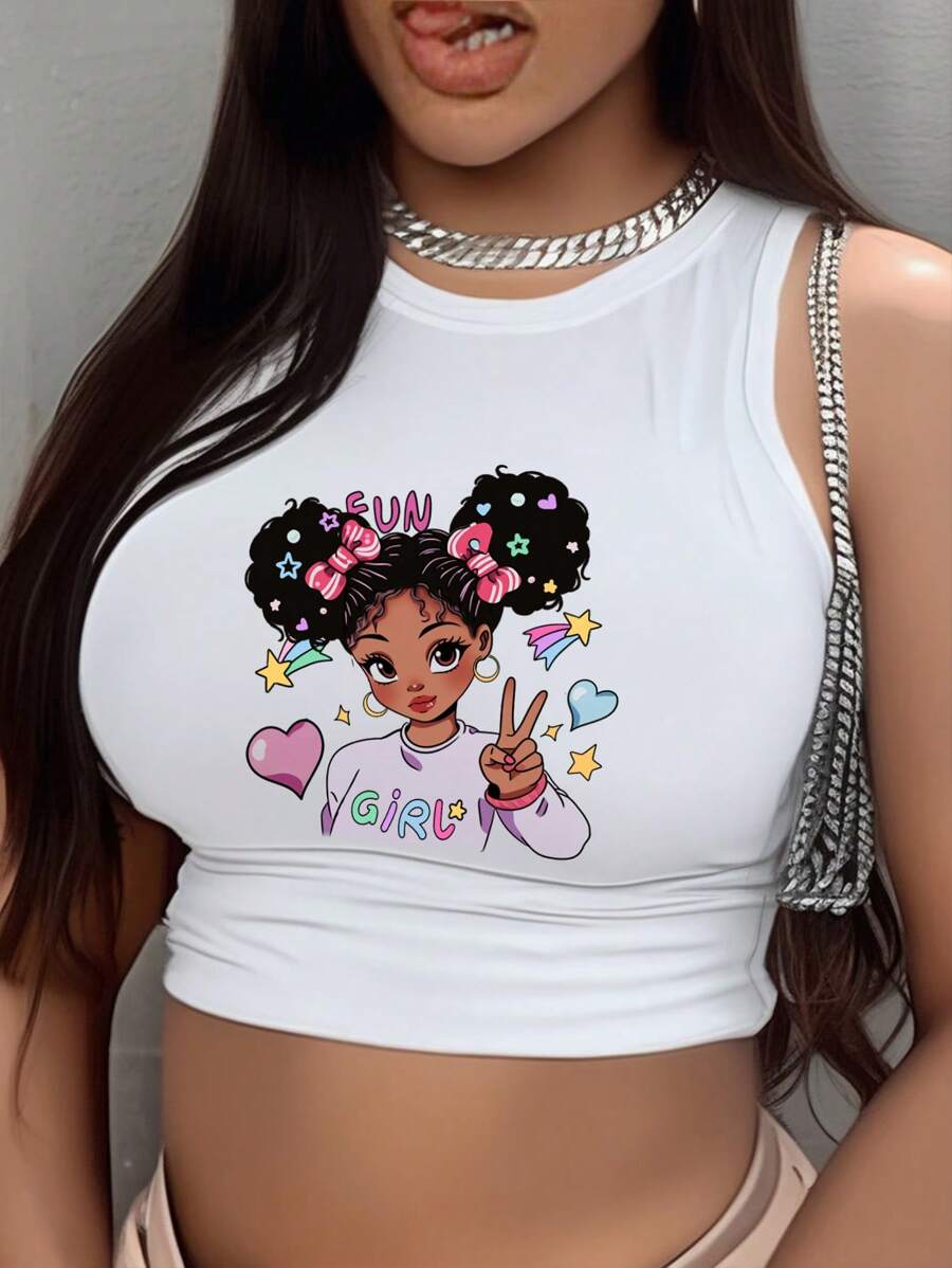 Slaydiva 休闲可爱卡通女孩图案圆领修身女式背心，适合夏季 - 白色 - 查看 1