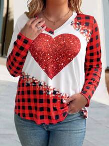 SHEIN LUNE Kích thước lớn Của phụ nữ Tim Kẻ sọc In Tay áo dài Áo thun - Nhiều màu - Xem 4