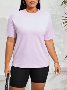 SHEIN EZwear Women's Bag & Letter Printed Drop Shoulder Short Sleeve T-Shirt - Purple - View 3