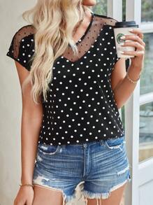 SHEIN LUNE 女士波尔卡圆点印花网眼撞色衬衫 - 黑色 - 查看 6